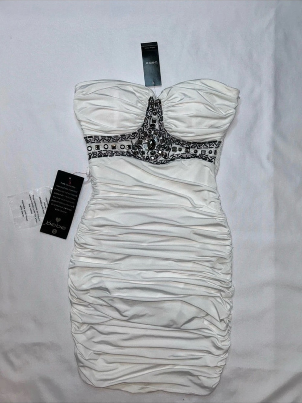Bebe White Ruched Embellished Strapless Mini Dress Size S NWT